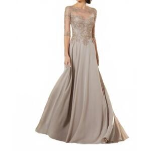 NEW MGNY beaded embroidered bodice mother of the bride gown in taupe